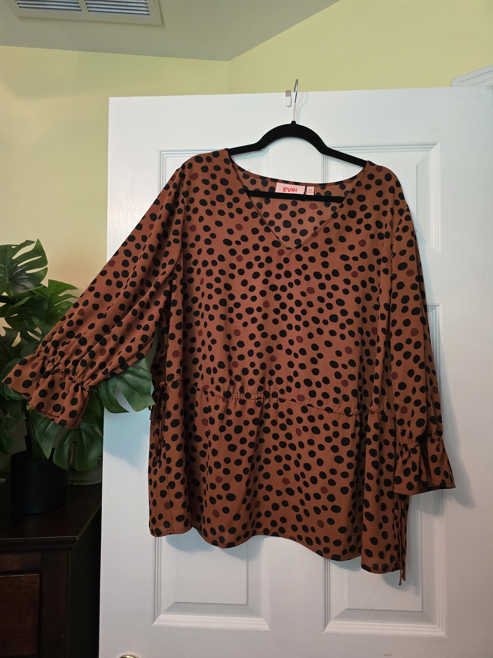 EVRI Brown and Black Polka Dot V-Neck Smock Tunic